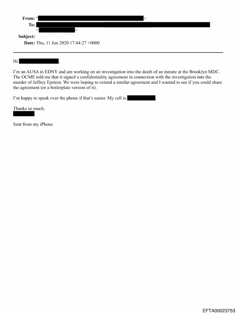 email suggesting epstein's death was a murder