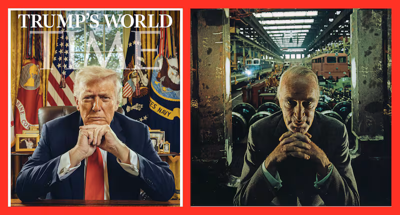 On the left, President Donald Trump on the cover of Time Magazine, released on October 23, 2025. On the right, a photograph by Arnold Newman, taken in 1963, of Alfred Krupp, a convicted Nazi war criminal and German industrialist.