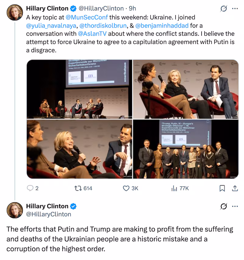 Hillary Clinton X post on Munich Security Conference