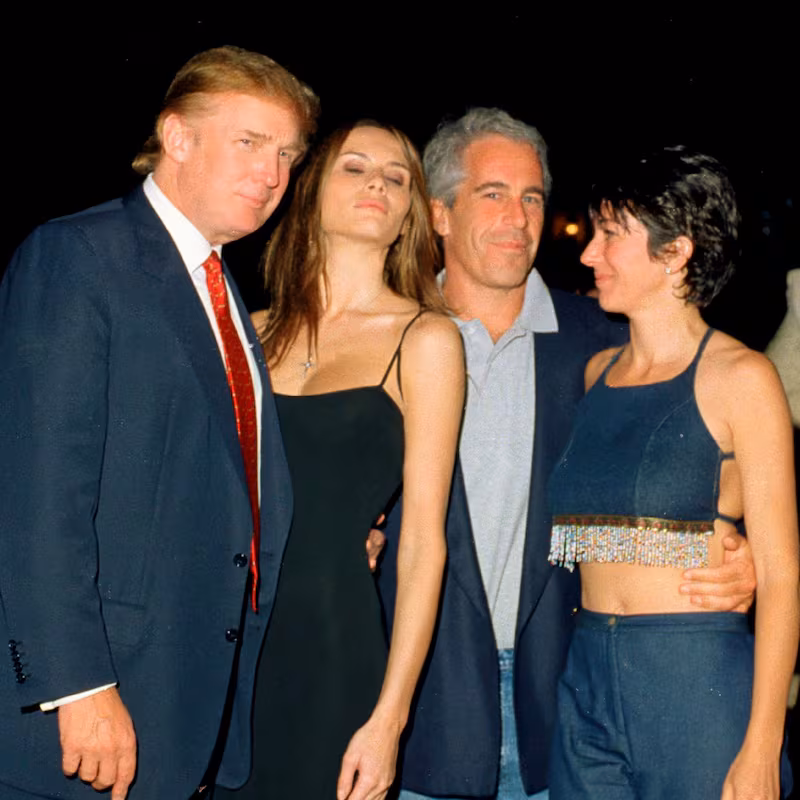 From left, American real estate developer Donald Trump and his girlfriend (and future wife), former model Melania Knauss, financier (and future convicted sex offender) Jeffrey Epstein, and British socialite Ghislaine Maxwell pose together at the Mar-a-Lago club, Palm Beach, Florida, February 12, 2000. (Photo by Davidoff Studios/Getty Images)