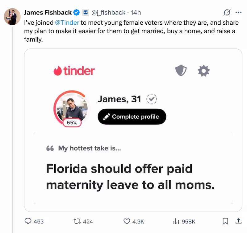 Screengrab of James Fishback's X post and Tinde profile.