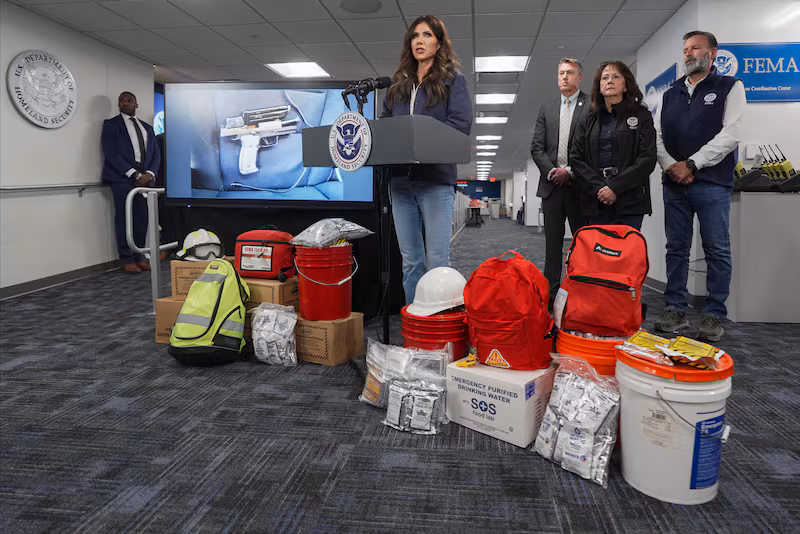 WASHINGTON, DC - JANUARY 24: U.S. Secretary of Homeland Security Kristi Noem speaks during a news conference in the National Response Coordination Center at the Federal Emergency Management Agency (FEMA) headquarters on January 24, 2026 in Washington, DC. Federal immigration agents shot and killed another U.S. citizen on Saturday morning, later identified as Alex Pretti, during operations in Minneapolis, Minnesota. (Photo by Al Drago/Getty Images)