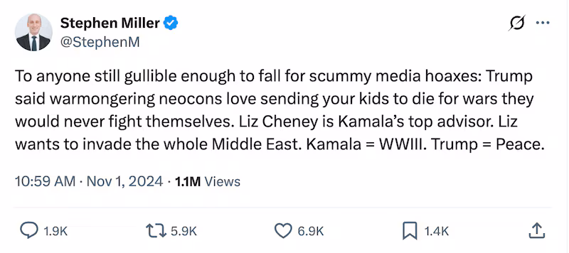 Stephen Miller’s post about Donald Trump being a peace candidate aged like milk.