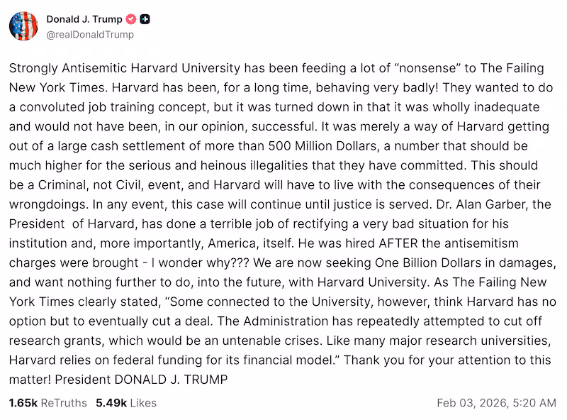 Trump's Truth Social about the Harvard deal.