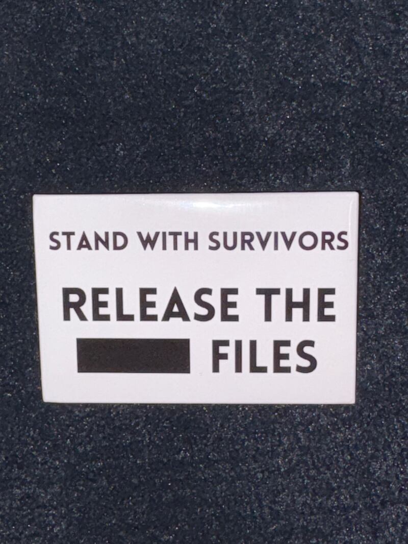 A picture of the pin members of the Democratic Women’s Caucus, Epstein survivors and some male Democratic lawmakers will be wearing to Trump's State of the Union address.