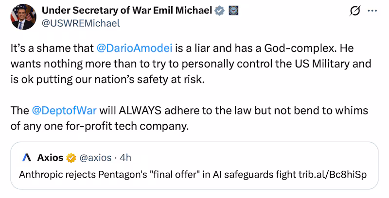 Pentagon staffer Emil Michael hits back at AI CEO Dario Amodei.