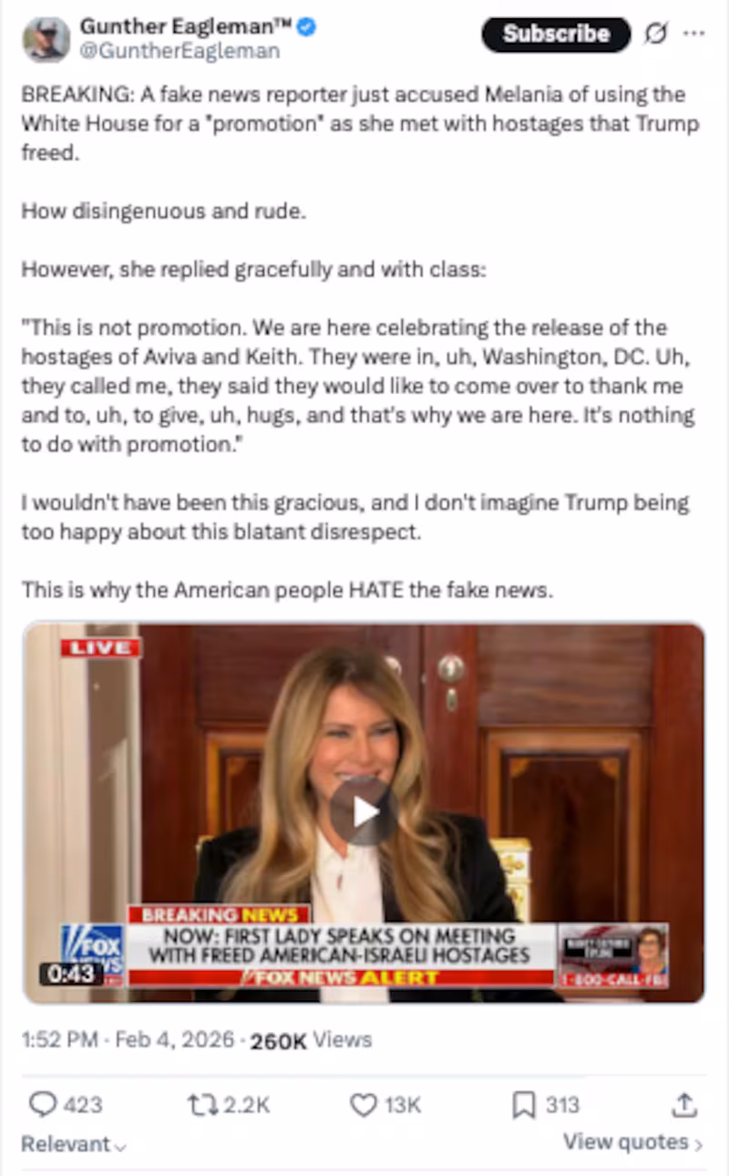 X user Gunther Eagleman raged to his 1.6 million followers about a reporter asking Trump about promoting her documentary.