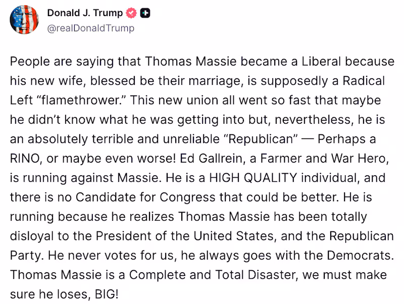 Trump Truth Social post about Thomas Massie's wife