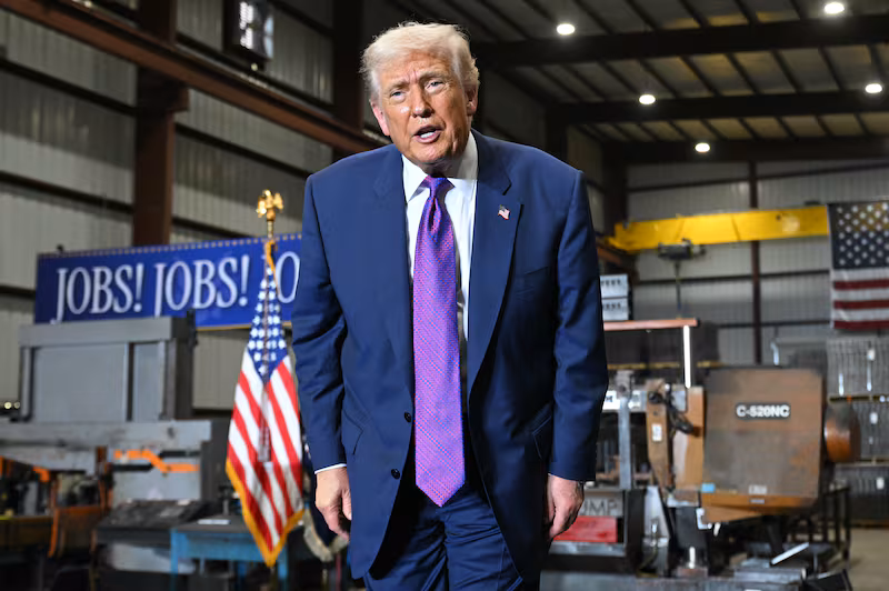 US President Donald Trump gestures at the end of his speech after touring the Coosa Steel Corporation factory in Rome, Georgia, February 19, 2026. (Photo by SAUL LOEB / AFP via Getty Images)