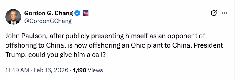 The conservative Gordon G. Chang is among the people calling out John Paulson over the factory closure.
