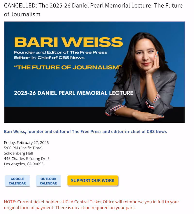 A notice announcing the cancellation of a UCLA journalism event featuring Bari Weiss.