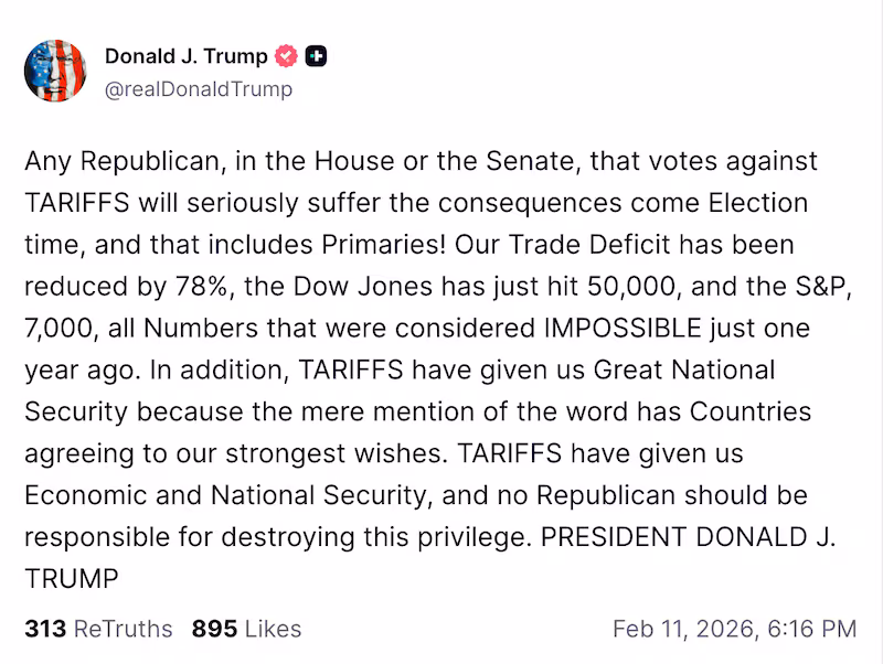 Trump threatened  GOP lawmakers who would dare to vote against his tariffs in a  Truth Social post on Wednesday.