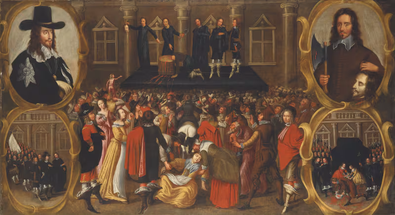 The inset pictures on the left show Charles as he appeared at his trial, and below, Charles walking to the scaffold. Those on the right show the moments immediately after the execution: the axeman holds up Charles's severed head while spectators hurry to dip their handkerchiefs in royal blood. The central image, with the swooning woman, hints at a parallel with Christ's crucifixion.