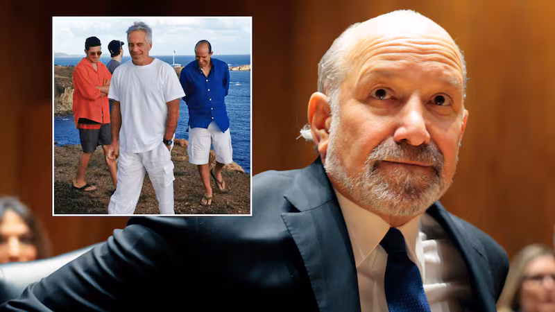 Commerce Secretary Howard Lutnick and a photo seemingly showing Lutnick (blue top) with Jeffrey Epstein.