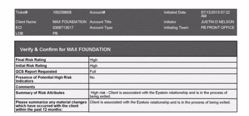 One bank memo for Ghislaine Maxwell's entity Max Foundation found in the document dump stated that she was “high risk” due to her connection with convicted sex trafficker Jeffrey Epstein.
