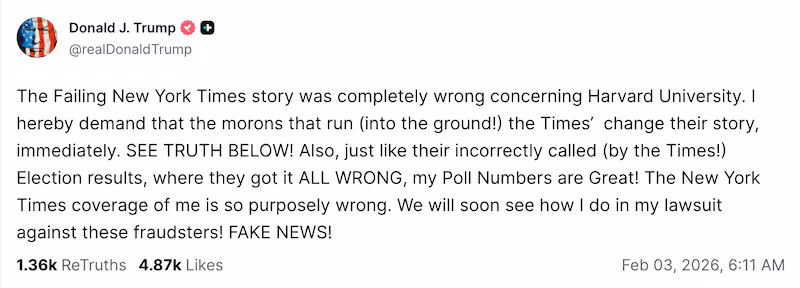 Trump's Truth Social about the New York Times being wrong.