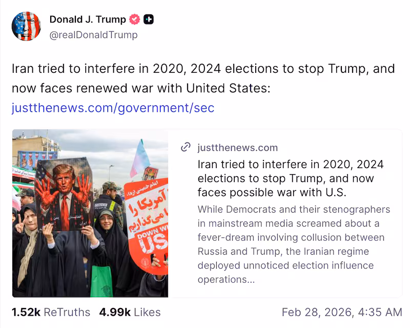 Trump posted about election interference right after announcing the U.S. was striking Iran.