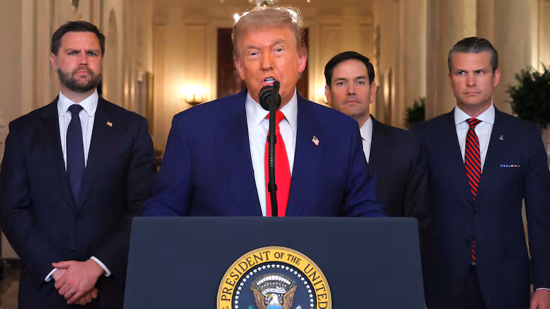 Trump flanked by Vice President JD Vance, Secretary of State Marco Rubio, and Defense Secretary Pete Hegseth in an address to the nation after Trump ordered strikes on nuclear facilities in Iran in June.