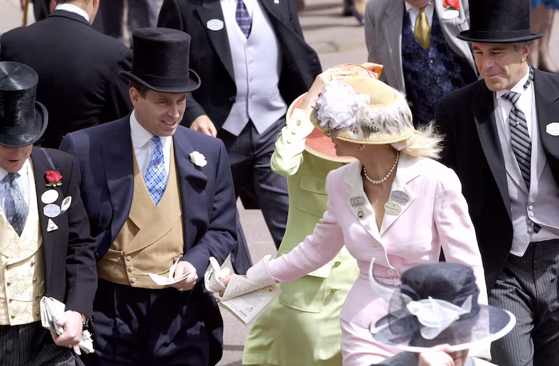 Jeffrey Epstein (far right) is pictured with Prince Andrew (left) and other guests at at the Royal Ascot horse racing festival on June 22, 2000.