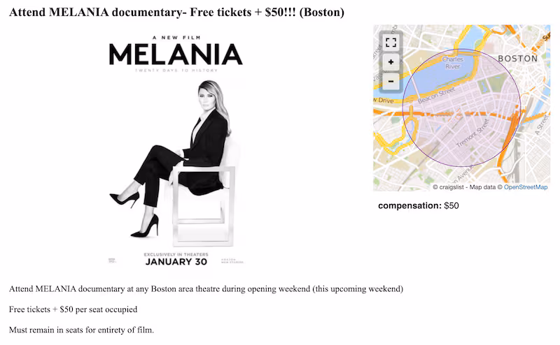 A viral ad offered people free tickets to watch "Melania" in Boston theaters, and recieve $50 for doing so.