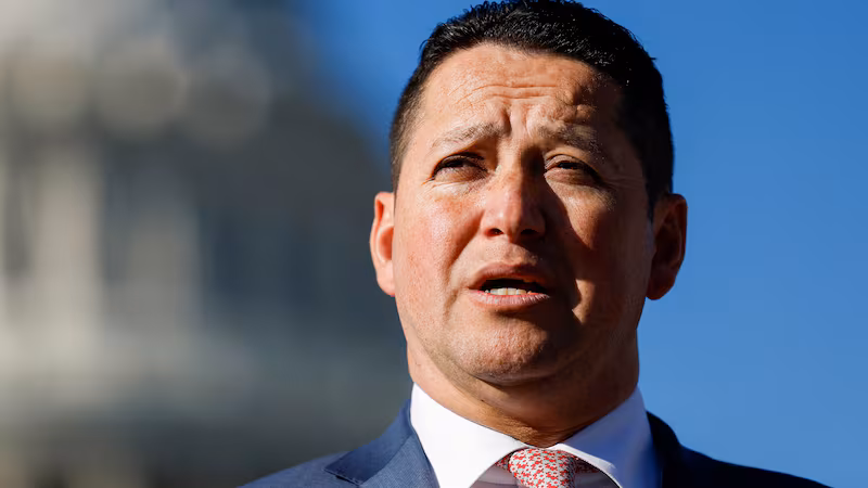 U.S. Rep. Tony Gonzales (R-TX) speaks alongside U.S. Rep. Marjorie Taylor Greene (R-GA) at a news conference on border security outside of the U.S. Capitol Building on November 14, 2023 in Washington, DC.