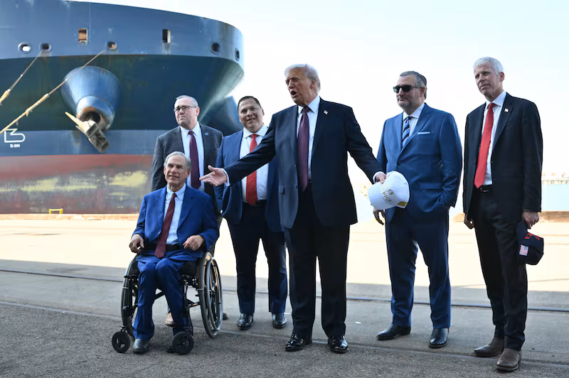 Sen. Ted Cruz standing to the left of President Donald Trump as they took part in a briefing on energy at the Port of Corpus Christi in Corpus Christi, Texas on February 27, 2026.