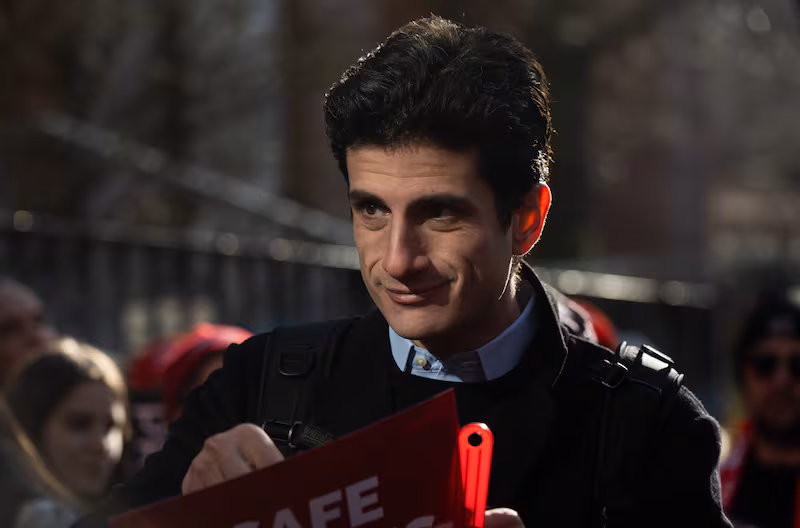 Jack Schlossberg, grandson of former President John. F Kennedy who is currently running for Congress, speaks to members of the New York State Nurses Association before joining the picket line in support of nurses on strike outside Mount Sinai West on January 12, 2026 in New York City.