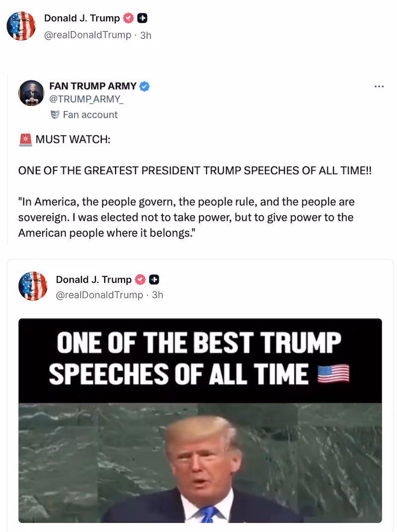 Donald Trump posts praise for himself on Truth Social.