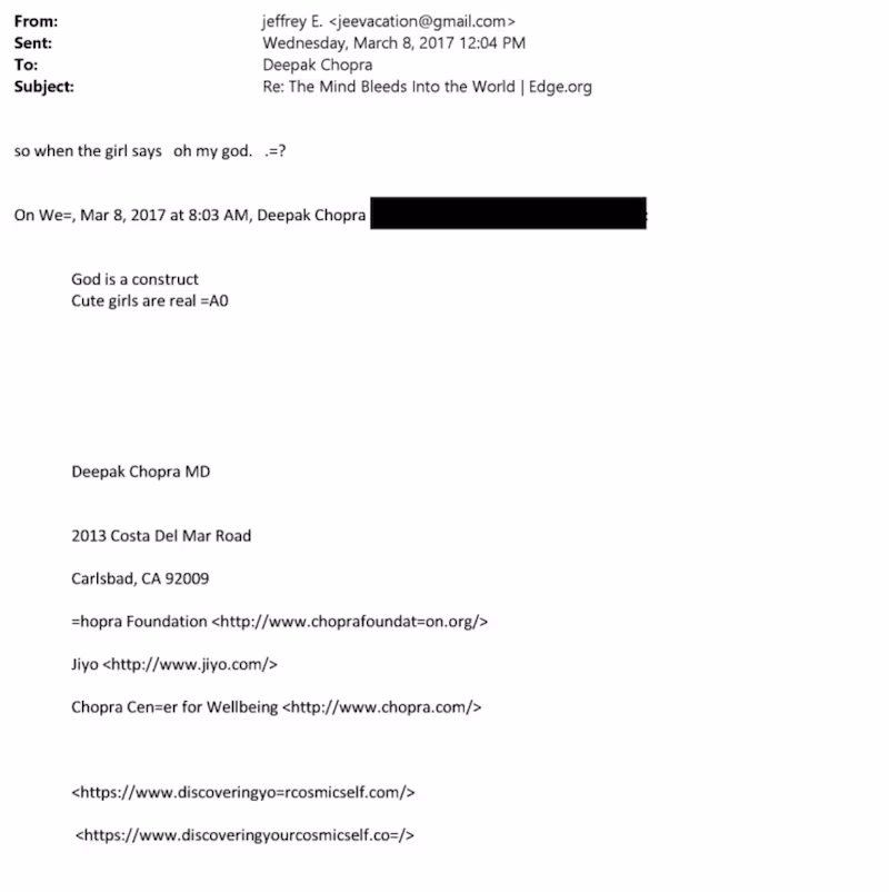 Emails in the Epstein Files between Deepak Chopra and Jeffrey Epstein.
