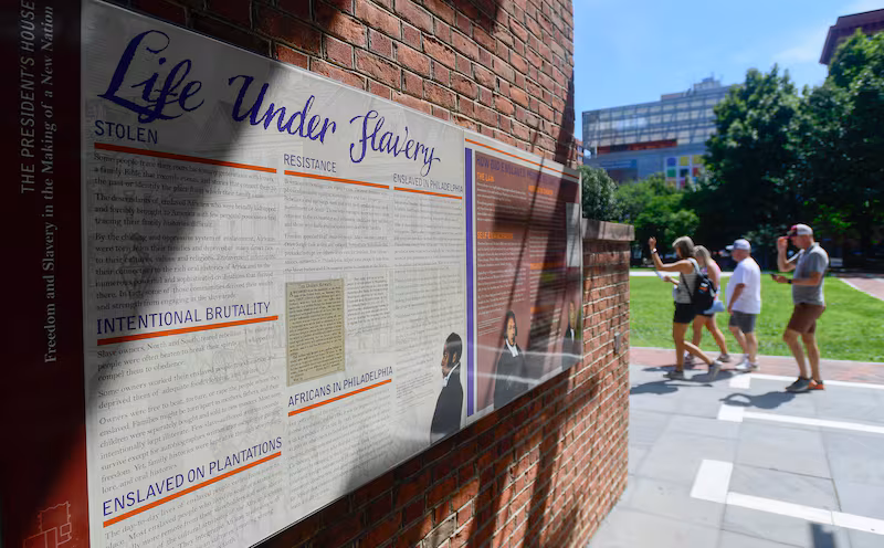 PHILADELPHIA, PENNSYLVANIA - AUGUST 9: Exhibits discussing slavery and the Founding Fathers' owning slaves are seen at the President's House on August 9, 2025 in Philadelphia, Pennsylvania. Around a dozen different exhibits and displays in Independence National Historic Park are under review by the National Park Service for potential removal or editing on September 17. The initiative to eliminate materials deemed disparaging to the Founding Fathers or the legacy of the United States is part of an executive order issued by Donald Trump in March. (Photo by Matthew Hatcher/Getty Images)