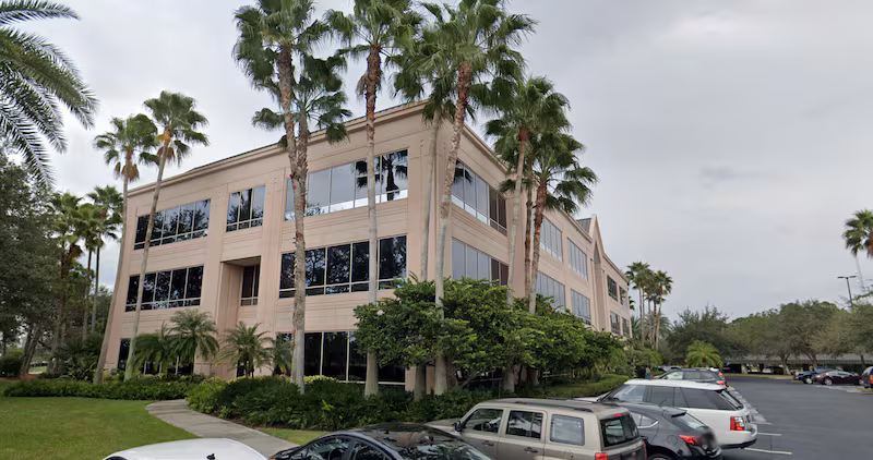 Corner of a building in a business park.