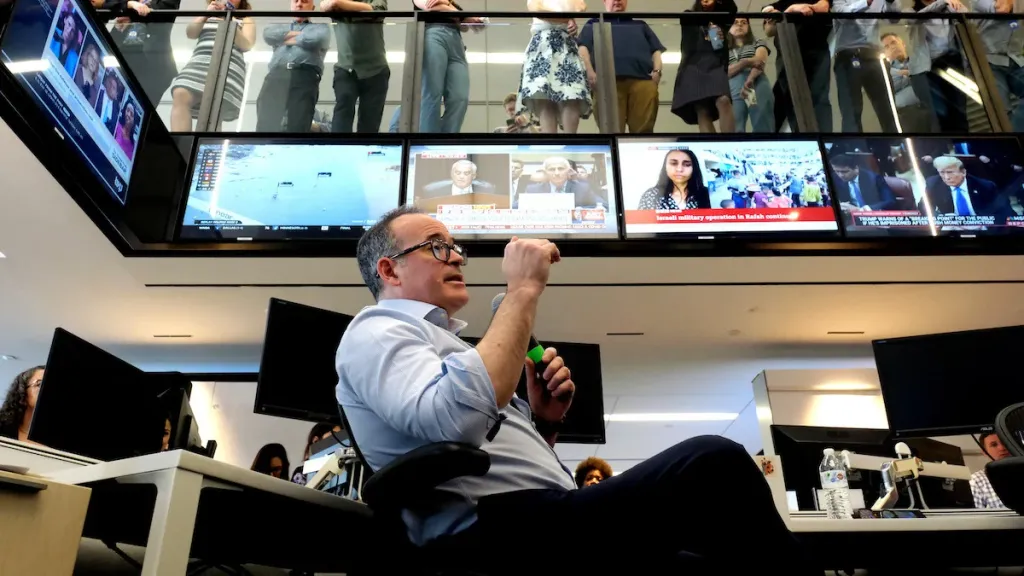 The Washington Post's Matt Murray holds a staff meeting on June 3, 2024. (Robert Miller/The Washington Post via Getty Images)