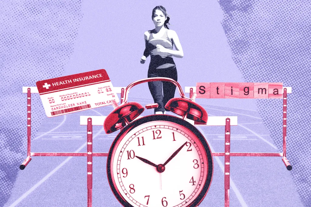 Illustration of a woman running over hurdles representing mental health challenges like insurance, time, and stigma.