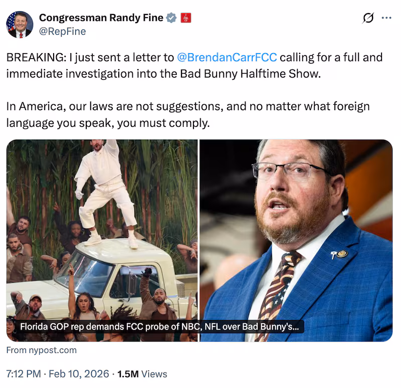 Rep. Randy Fine's post on X calling for an FCC investigation into Bad Bunny's Super Bowl halftime show.