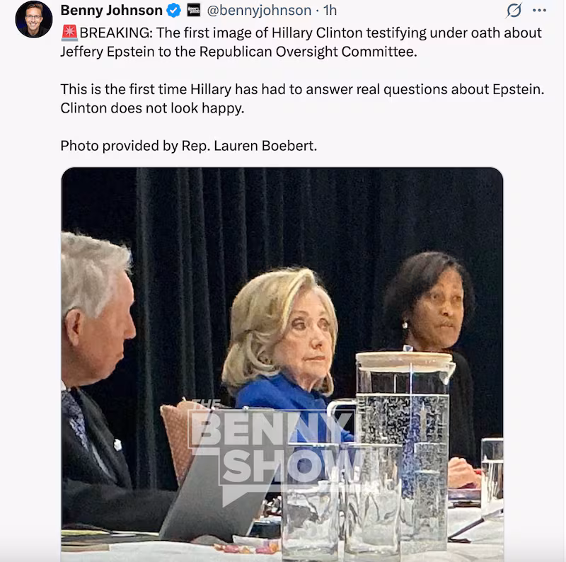 MAGA influencer Benny Johnson posted an image sent to him in violation of the House rules, which taken of Hillary Clinton in her deposition.
