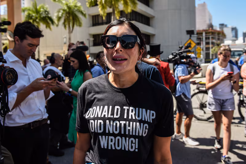 Laura Loomer, a right wing pundit and supporter of former U.S. President Donald Trump gathers outside the Wilkie D. Ferguson Jr. United States Federal Courthouse where former President Donald Trump is scheduled to be arraigned later in the day on June 13, 2023 in Miami, Florida.