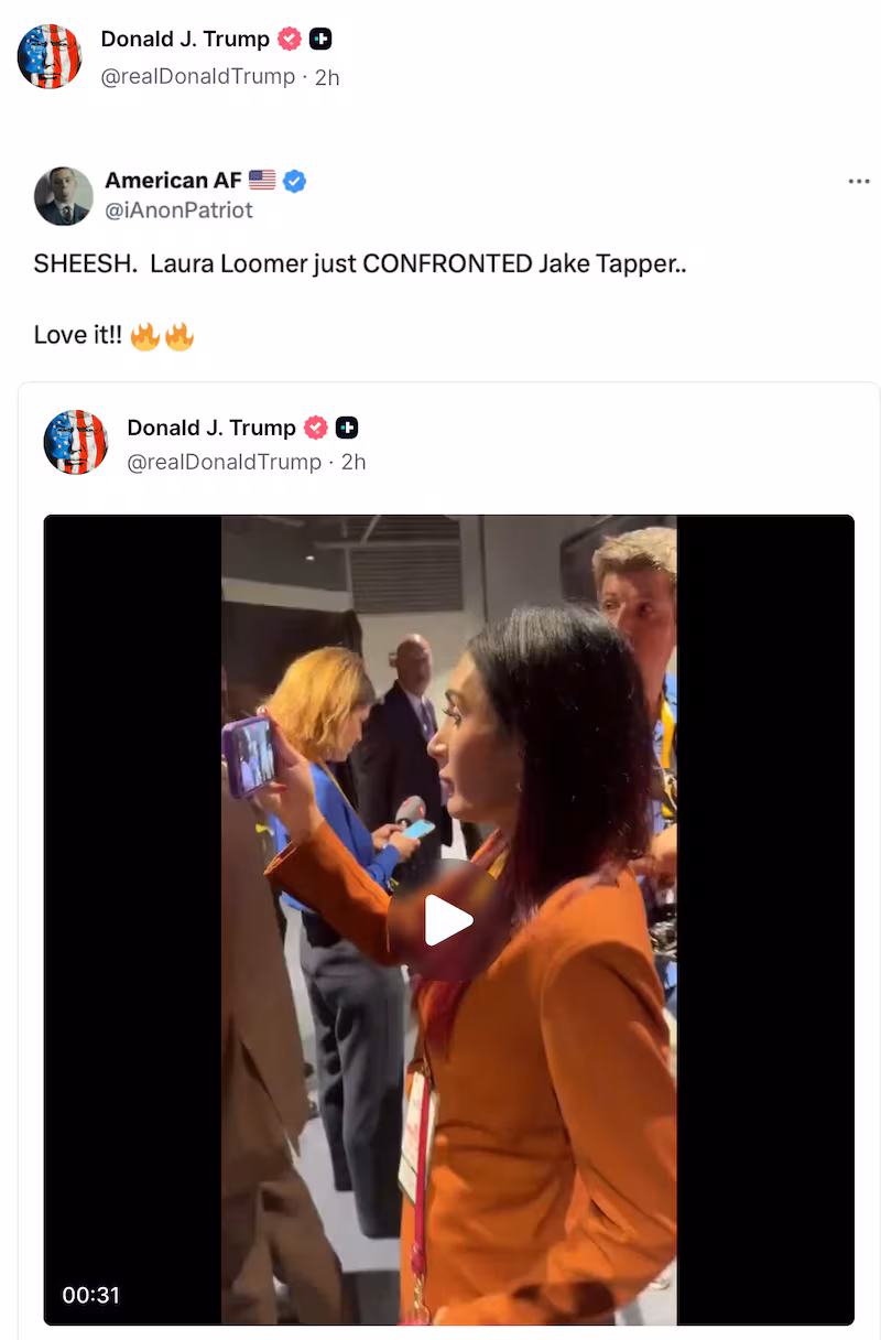 Donald Trump posts a Laura Loomer video on Truth Social.