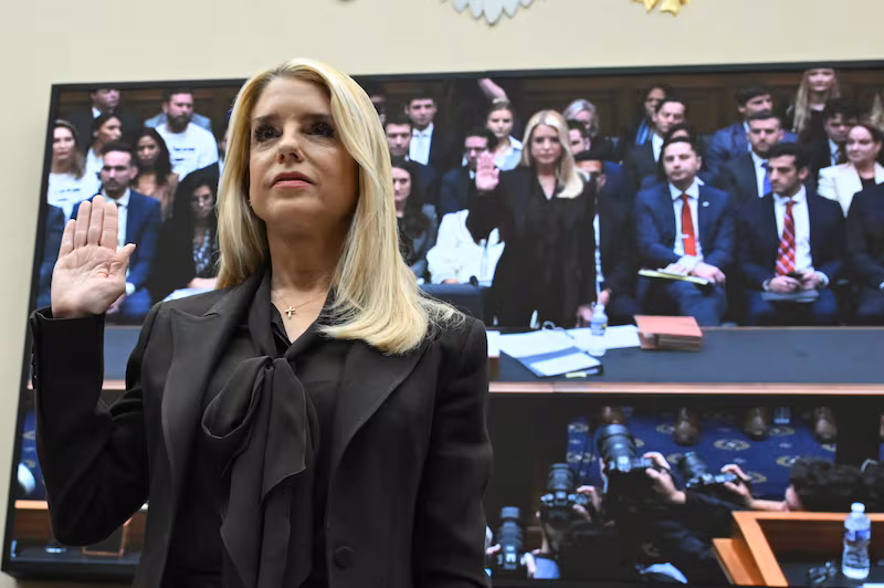 Attorney General Pam Bondi is sworn in as she testifies before a House Judiciary Committee on Capitol Hill in Washington, DC, on February 11, 2026.