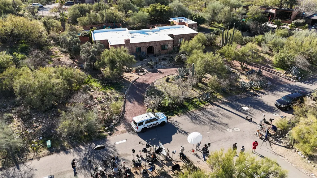 A drone view of Nancy Guthrie's house after the disappearance of the 84-year-old mother Savannah Guthrie, who went missing from her home, in Tucson, Arizona, on Feb. 8, 2026.