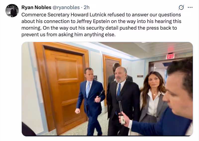 Commerce Secretary Howard Lutnick refused to answer questions about Jeffrey Epstein on his way in and out of his hearing on Tuesday.
