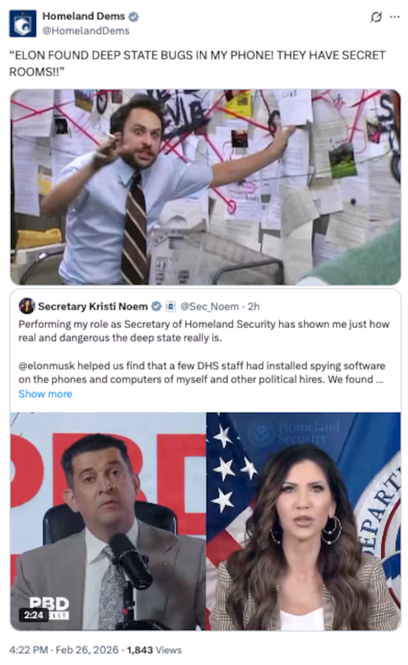 The X account for the DHS oversight committee swiped at Noem for her podcast comments.