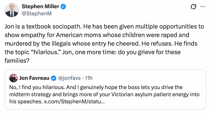 Stephen Miller and Jon Favreau battle each other on X.