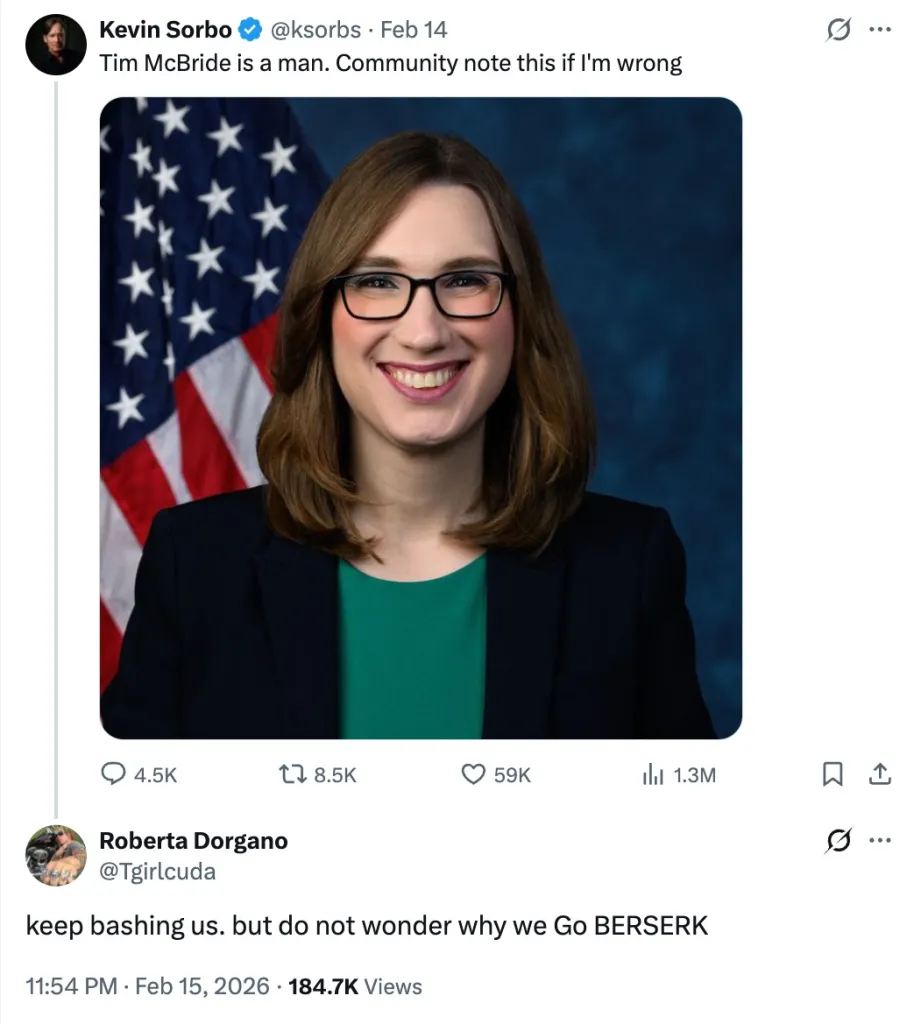 Hockey shooter Robert Dorgan responding to Kevin Sorbo who posted about Sarah McBride being a man Tim McBride.