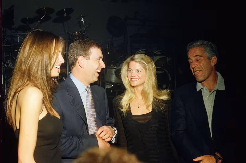 Melania Trump, Andrew Mountbatten-Windsor, Gwendolyn Beck, and Jeffrey Epstein at a party at Mar-a-Lago in 2000—the DOJ releases show that the former prince remained in touch with Epstein after he claimed to have ended their relationship.