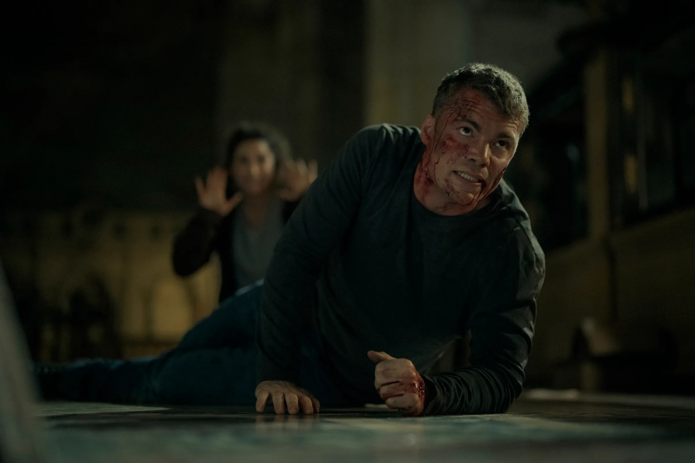 The Night Agent. (L to R) Michaela Watkins as Freya, Gabriel Basso as Peter Sutherland in episode 310 of The Night Agent. Cr. Christopher Saunders/Netflix © 2026