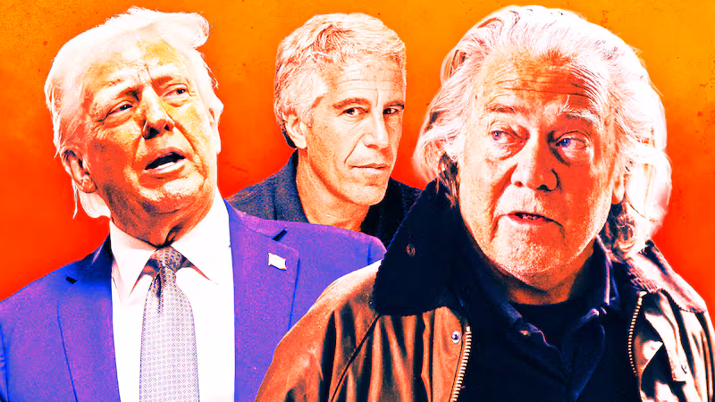 A photo illustration of Donald Trump, Jeffrey Epstein, and Steve Bannon.