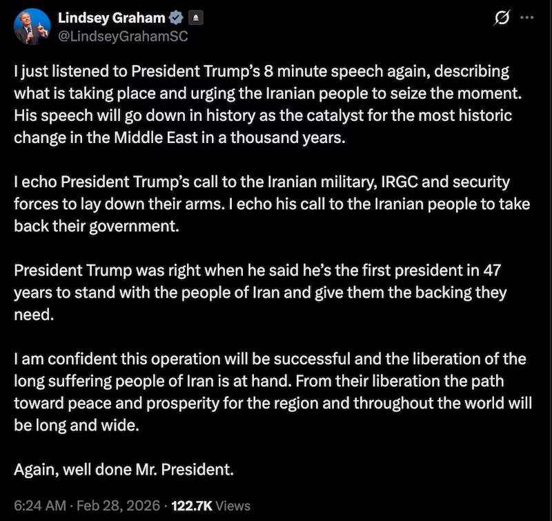 Sen. Lindsey Graham applauded the president's Iran strike.