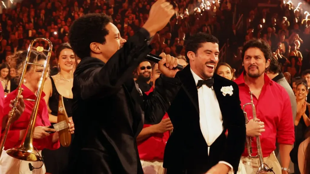 Trevor Noah and Bad Bunny at the 2026 Grammys (Getty Images)