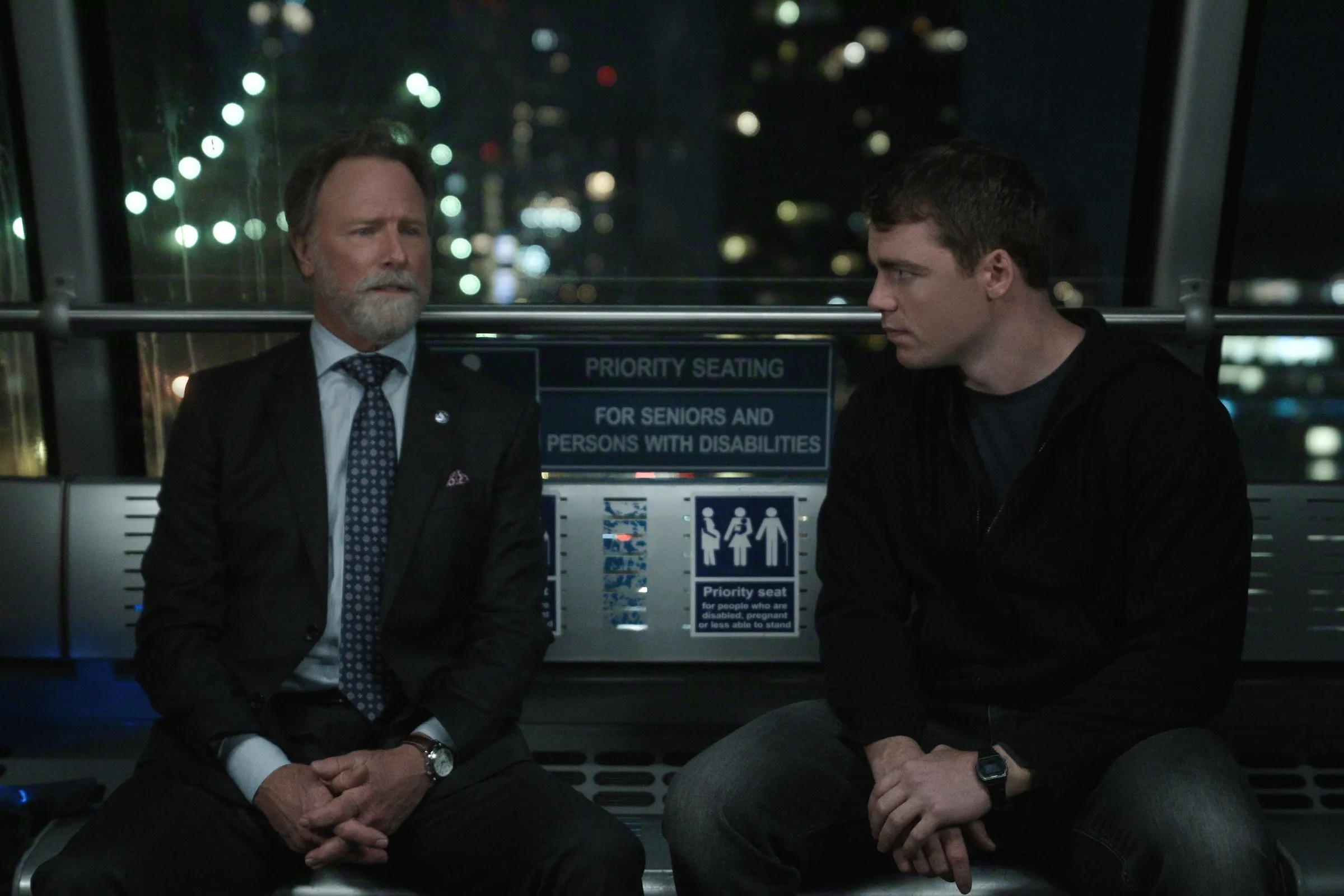 The Night Agent. (L to R) Louis Herthum as Jacob Monroe, Gabriel Basso as Peter Sutherland in episode 301 of The Night Agent. Cr. Courtesy of Netflix © 2026