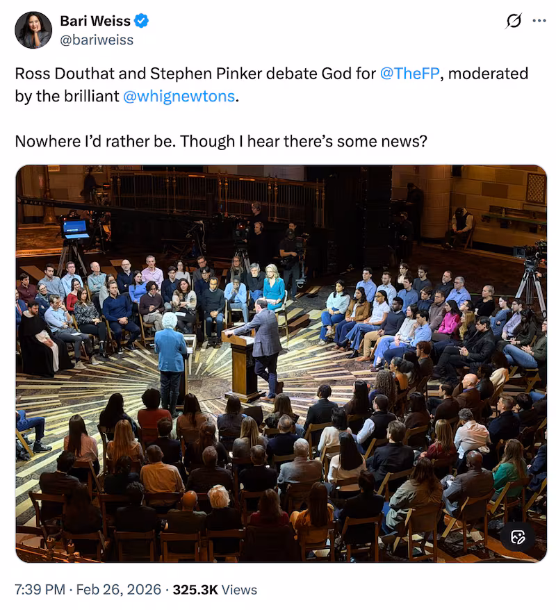 Bari Weiss shares her view of—and thoughts—on a debate about religion her media company, The Free Press, hosted on Thursday.